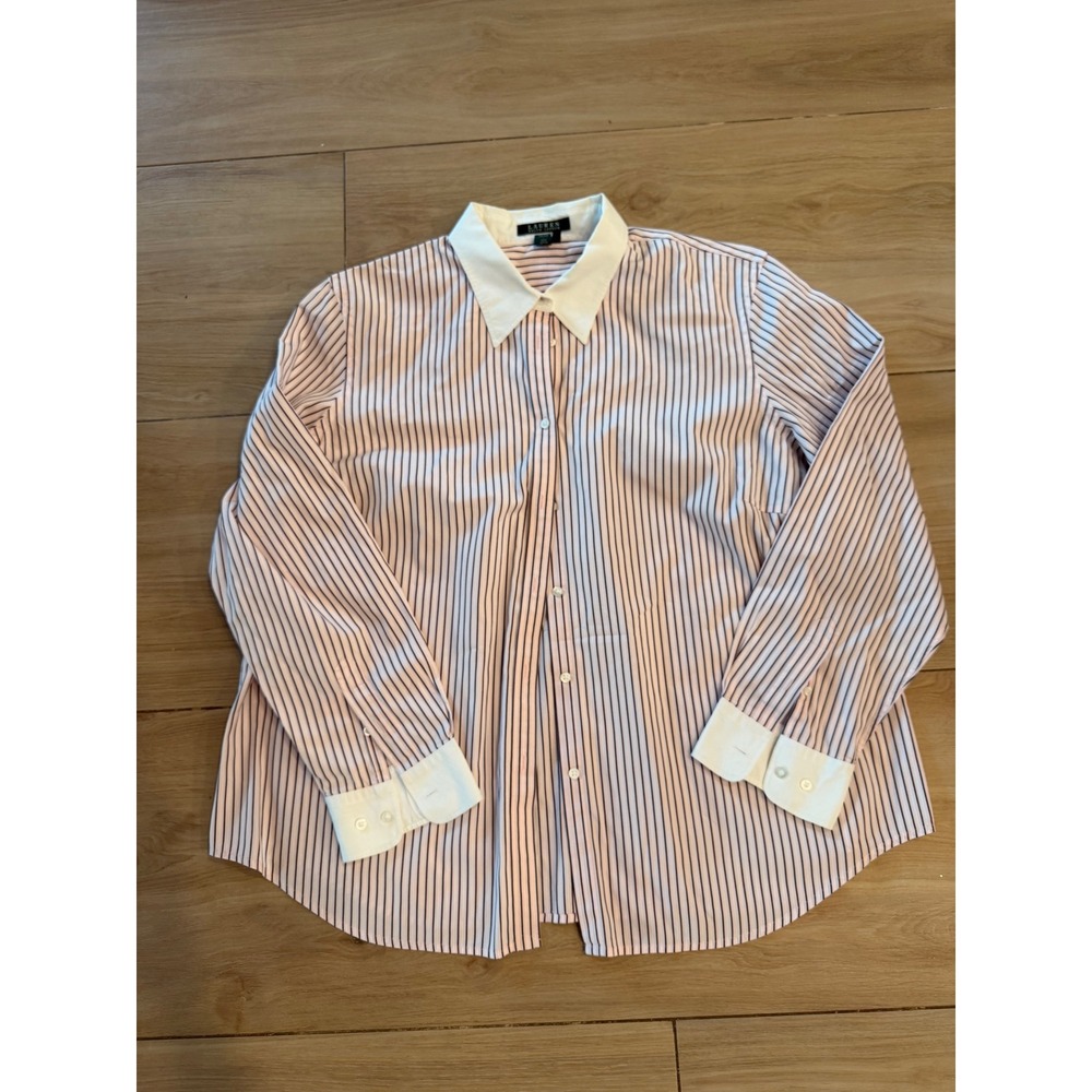 Lauren Ralph Lauren Pink Striped Button Down Shirt Contrast Collar Cuffs 2X